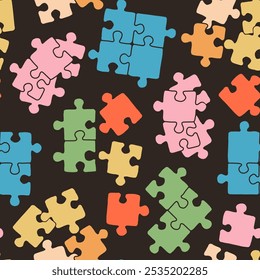 Colorful jigsaw Puzzle. Different shapes. Hand drawn modern Vector illustration. Various colorful pieces. Piecing together. Square seamless Pattern, background, wallpaper