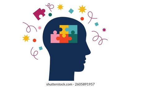 Colorful jigsaw puzzle in the human head. Creative search for solution. Idea generation concept, imagination, bright insight.