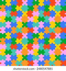 Colorful jigsaw puzzle piece seamless pattern. Fun children education game background concept. Autism awareness print, school learning wallpaper texture.