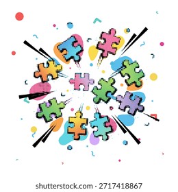 Colorful jigsaw puzzle pieces exploding in a pop art halftone style, isolated ona  white background, vector