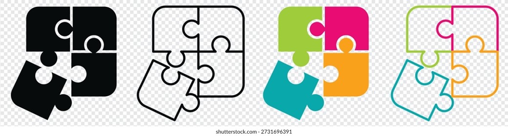 Colorful Jigsaw Puzzle Pieces Interlocking for a Creative Design Concept. Four interlocking puzzle pieces symbolizing teamwork, collaboration, connection, and jigsaw concept. 