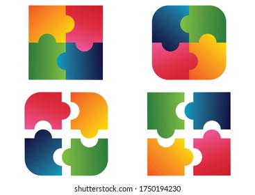 Colorful jigsaw puzzle. Rounded and squared colorful jigsaw puzzle pieces isolated on white Background