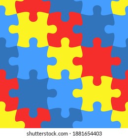 Colorful jigsaw. Seamless puzzle pattern. Autism background. World autism awareness day. Childish design template. Vector Illustration. EPS10