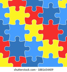 Colorful jigsaw. Seamless puzzle pattern. Autism background. World autism awareness day. Childish design template. Vector Illustration. EPS10