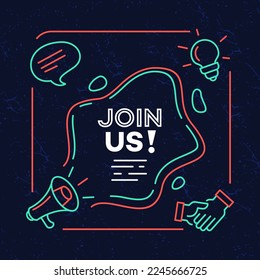 colorful join us vector illustration banner poster. Join us neon sign on a dark blue background