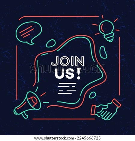 colorful join us vector illustration banner poster. Join us neon sign on a dark blue background