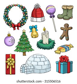 colorful, jolly Christmas objects, vector illustration