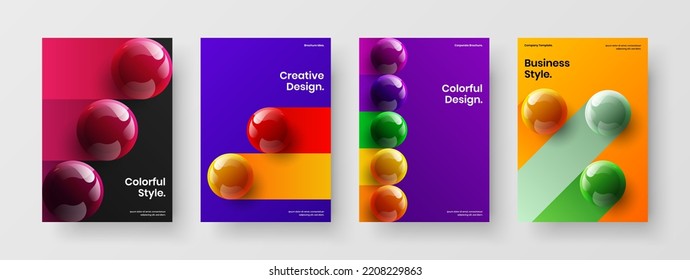 Colorful journal cover A4 design vector template set. Geometric realistic spheres annual report concept collection.