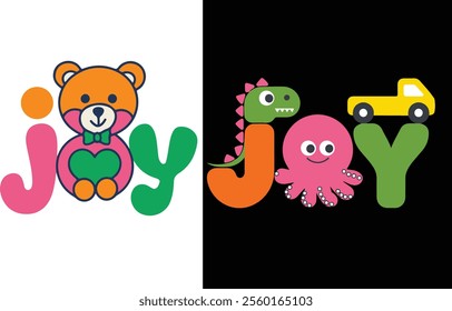 "Colorful 'Joy' text design for kids featuring a playful tropical theme. The vibrant vector illustration includes lush tropical leaves,  and cheerful elements that create a lively, fun, and yo