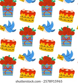 A colorful and joyful celebration pattern featuring delightful cakes and cheerful birds