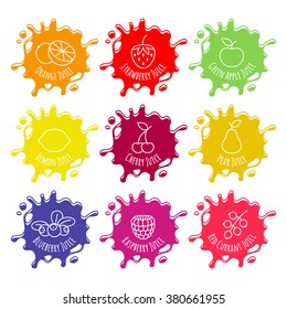 Colorful juice or jam blots set.  Sweet smudges splashes drops on white background. Strawberry lemon apple blueberry cherry pear raspberry red currant orange flavors.