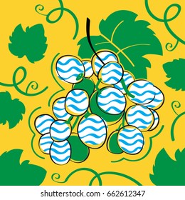 Colorful juicy stylish vector grapes with blue and white waving lines and leaves on yellow background