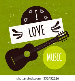 Colorful juicy typographic motivational poster with musical instrument guitar on a green background with a texture. I love music. Vector illustration