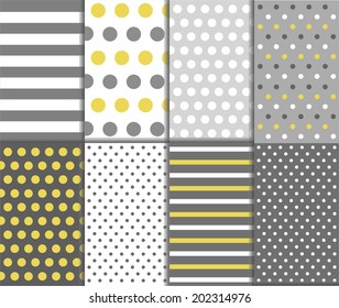 Colorful jumbo and Small Polka Dots, gingham and diagonal stripes pattern in gray, yellow and white color. Vector art image blog Background in Pastel Colors. Pattern Swatches made with Global Colors. 
