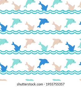 Colorful Jumping Dolphins Family Cute Vector Cartoon Seamless Pattern can be use for background and apparel design