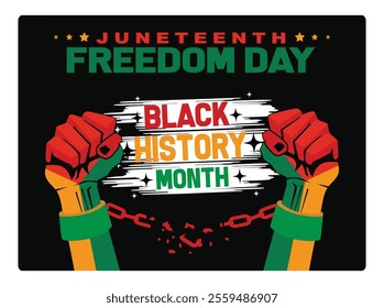 Colorful Juneteenth and Black History Month posters with bold text and clenched fists. Celebrates African-American culture and heritage. Black History Month concept. Flat vector illustration.