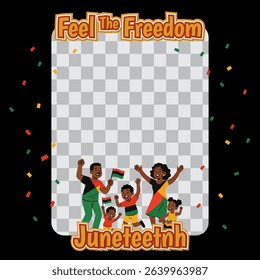 Colorful Juneteenth vector frame template with cheerful characters dancing to celebrate emancipation and freedom for African Americans