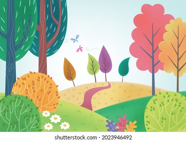 Colorful jungle landscape vector illustration. Little road in beautiful jungle. Valley landscape illustration.