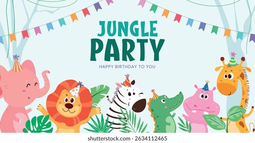 Colorful jungle party banner with adorable animals in party hats, festive bunting, and birthday greeting. Perfect for kids’ birthday invitations, decor, and celebration themes.