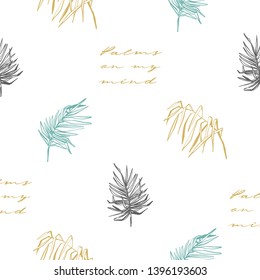 Colorful jungle pattern with palm leaf. Exotic tropic botanical floral illustration. Vector line drawn tropical leaves. Hand drawn contour sketch on white background.