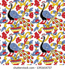 colorful kalamkari peacock pattern use outline and fill color.