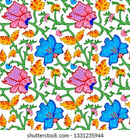colorful kalamkari vector floral pattern pink, red, yellow, green, sky blue, dark blue, outline black color.
