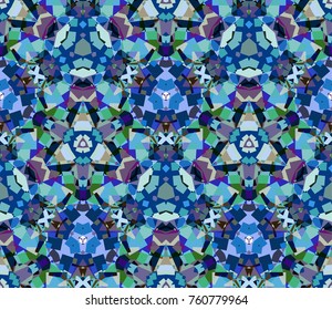 Colorful kaleidoscope seamless pattern, background. Composed of colored abstract shapes. Useful as design element for texture and artistic compositions.