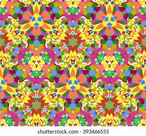 Colorful kaleidoscope seamless pattern. Seamless pattern composed of color abstract elements located on white background. Useful as design element for texture, pattern and artistic compositions.