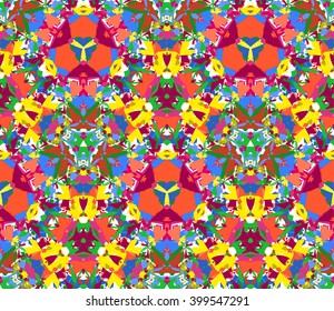 Colorful kaleidoscope seamless pattern. Seamless pattern composed of color abstract elements located on white background. Useful as design element for texture, pattern and artistic compositions.