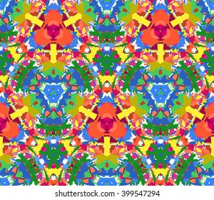 Colorful kaleidoscope seamless pattern. Seamless pattern composed of color abstract elements located on white background. Useful as design element for texture, pattern and artistic compositions.