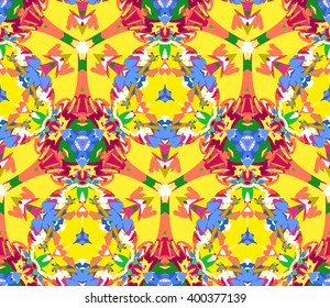 Colorful kaleidoscope seamless pattern. Seamless pattern composed of color abstract elements located on white background. Useful as design element for texture, pattern and artistic compositions.
