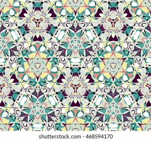 Colorful kaleidoscope seamless pattern. Composed of color abstract elements. Useful as design element for texture and artistic compositions. Vector illustration.