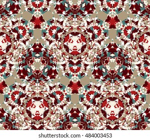 Colorful kaleidoscope seamless pattern. Composed of color abstract elements located on a white background. Useful as design element for texture and artistic compositions.