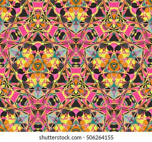 Colorful kaleidoscope seamless pattern. Composed of color abstract shapes. Useful as design element for texture and artistic compositions.