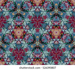 Colorful kaleidoscope seamless pattern. Composed of color abstract shapes. Useful as design element for texture and artistic compositions.