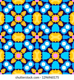 Colorful kaleidoscope seamless pattern with decorative ornaments. Ornamental vivid background. Blue, yellow, purple shapes and blue background. Pattern for fill inside.