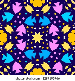 Colorful kaleidoscope seamless pattern with decorative ornaments. Ornamental vivid background. Purple, yellow, blue shapes and dark-blue background. For wall tile, floor, kitchen, bathroom, etc.