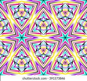 Colorful kaleidoscope seamless pattern. Decorative triangle ornament. Geometric design element. Rainbow wallpaper, fabric, paper, furniture print. Abstract vector flower or star. Psychedelic style.