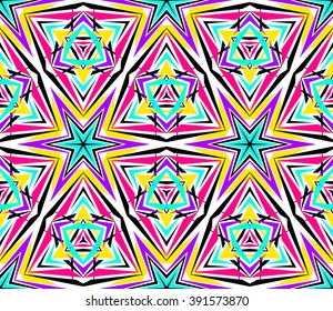 Colorful kaleidoscope seamless pattern. Decorative triangle ornament. Geometric design element. Rainbow wallpaper, fabric, paper, furniture print. Abstract vector flower or star. Psychedelic style.