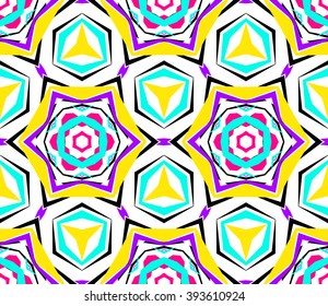 Colorful kaleidoscope seamless pattern. Decorative round ornament. Geometric design element. Rainbow wallpaper, fabric, paper, furniture print. Abstract vector flower or star. Psychedelic style.