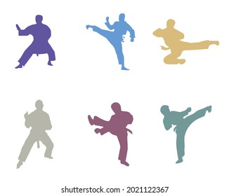 Colorful karate poses icon set on white background