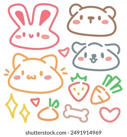 Colorful Kawaii Animal Faces and Cute Objects Pattern. Adorable Cartoon Doodles with Animals, Fruits, and Hearts. 