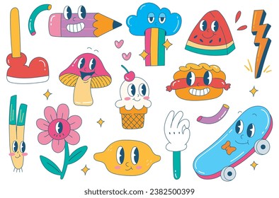 Colorful Kawaii Cartoon Sticker Set | Retro 90s Pop Culture Icons and Fun Characters for Digital Art and Design