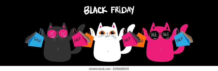 Gatos kawaii coloridos que sostienen bolsos de la venta de compras, sobre fondo negro. Perfecto para el Black Friday. Descuentos, rebajas, Black Friday. Anuncio en línea, volante, tarjeta, Cupón y otros