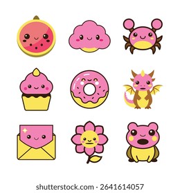 Colorful kawaii character bundle perfect for kids crafts and fun art projects Line Art Vector illustration