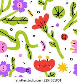 Colorful kawaii flower seamless pattern illustration.Children style floral doodle background, funny basic nature shapes wallpaper. Colorful pastel color groovy artwork bundle. Backgrounds with spring 