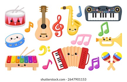 Colorful kawaii kids musical instruments clipart