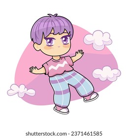 Colorful kawaii manga boy on the background of sky and clouds.