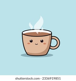 Colorful kawaii mug of coffee with steam on isolated blue background. Vector illustration.