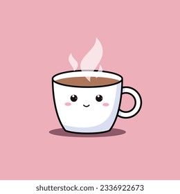 Colorful kawaii mug of coffee with steam on isolated pink background. Vector illustration.